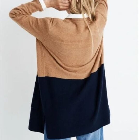 Madewell Kent Color Block Cardigan Sweater in Tan and Blue Open Front Small - Picture 3 of 9